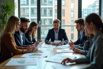 Groupe de professionnels autour d'une table avec graphiques colorés