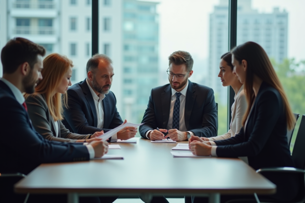 Groupe de professionnels en réunion dans une salle moderne