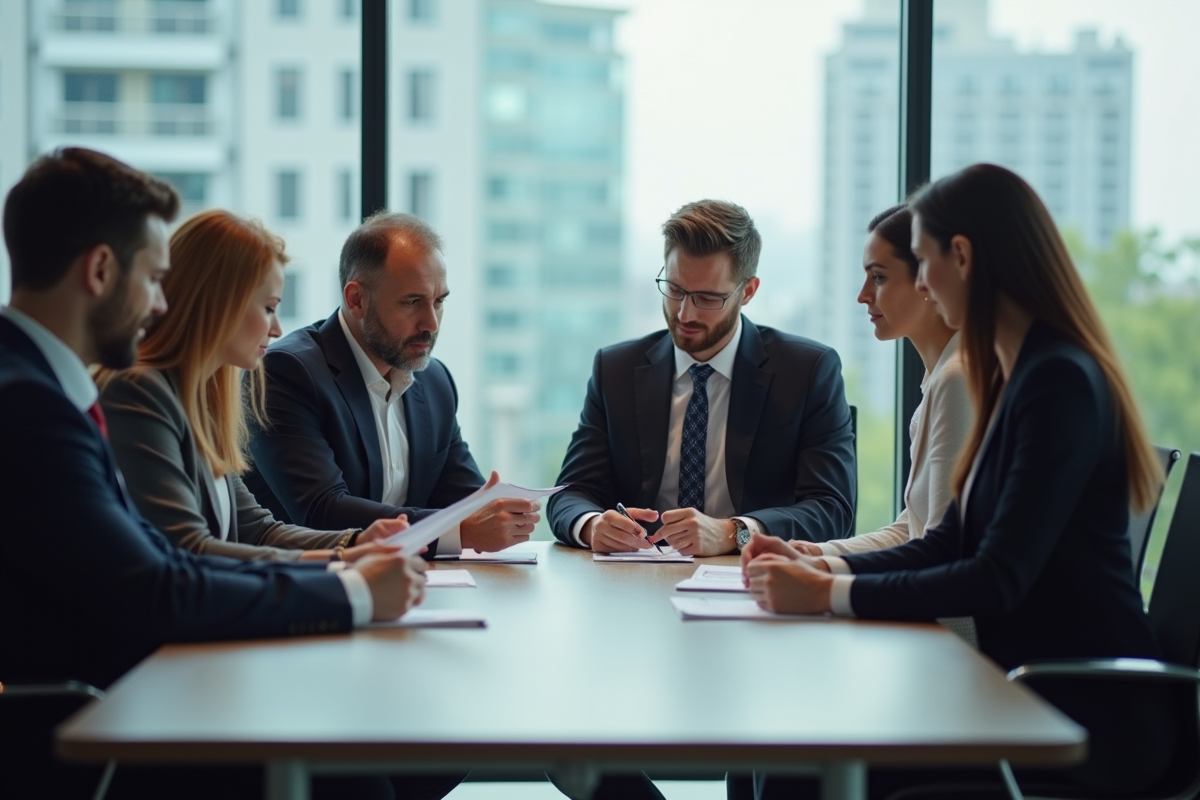 Groupe de professionnels en réunion dans une salle moderne