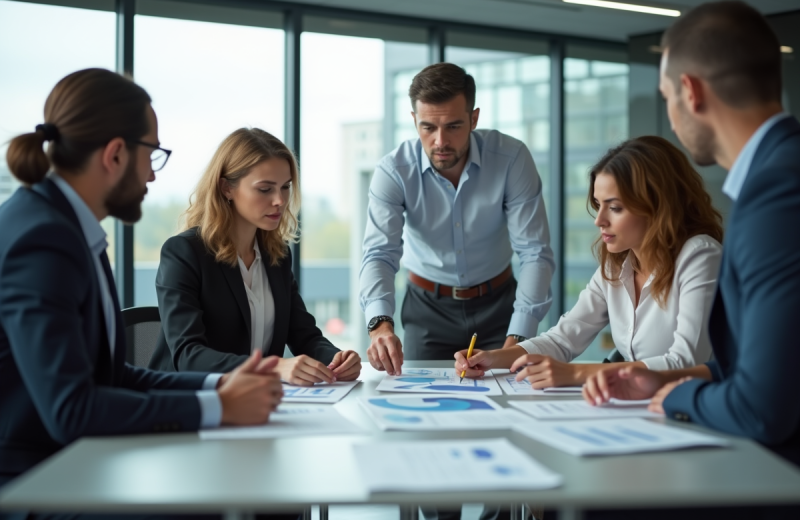 Groupe de professionnels en réunion de travail moderne