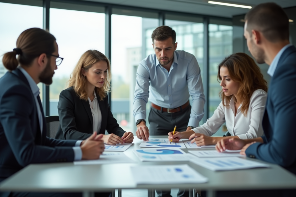 Groupe de professionnels en réunion de travail moderne