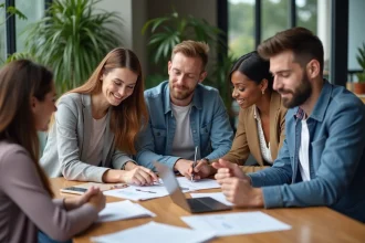 Groupe de professionnels en réunion dans un bureau moderne