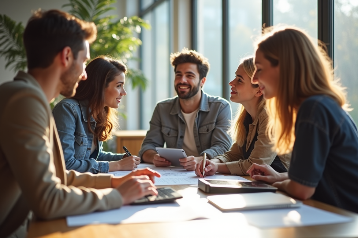 Groupe de jeunes adultes discutant autour d'une table moderne