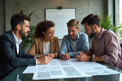 Groupe de quatre professionnels discutant autour d'une table de bureau