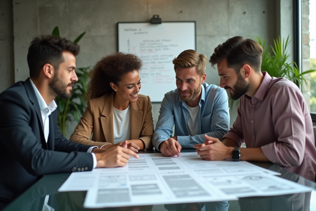 Groupe de quatre professionnels discutant autour d'une table de bureau