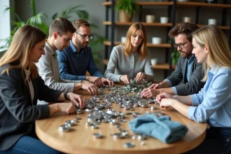 Groupe d'adultes en réunion autour d'une table de recyclage