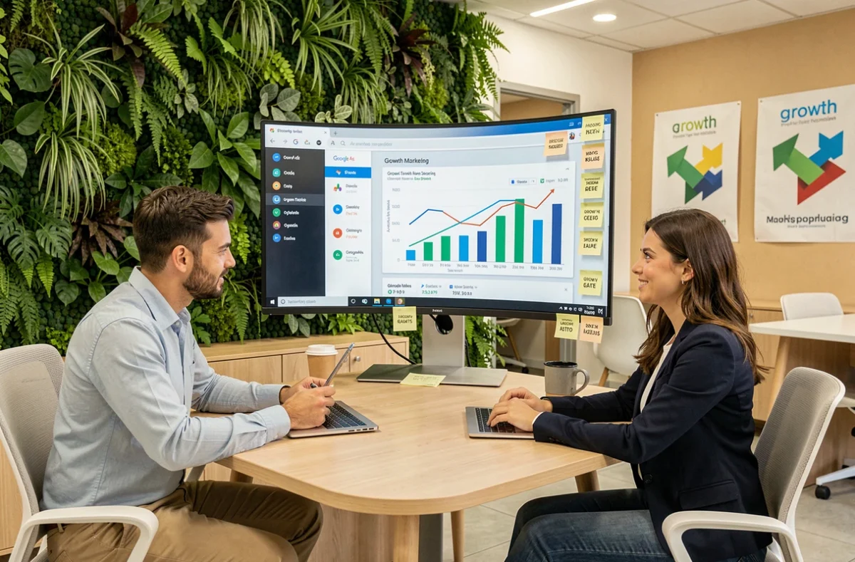 Duo de consultants de l'agence Growth Room collaborant sur une stratégie de croissance intégrant Google Ads et données organiques