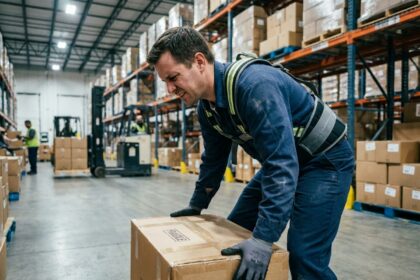 Ouvrier logistique portant un harnais de manutention ergonomique pour soulever des charges lourdes en entrepôt