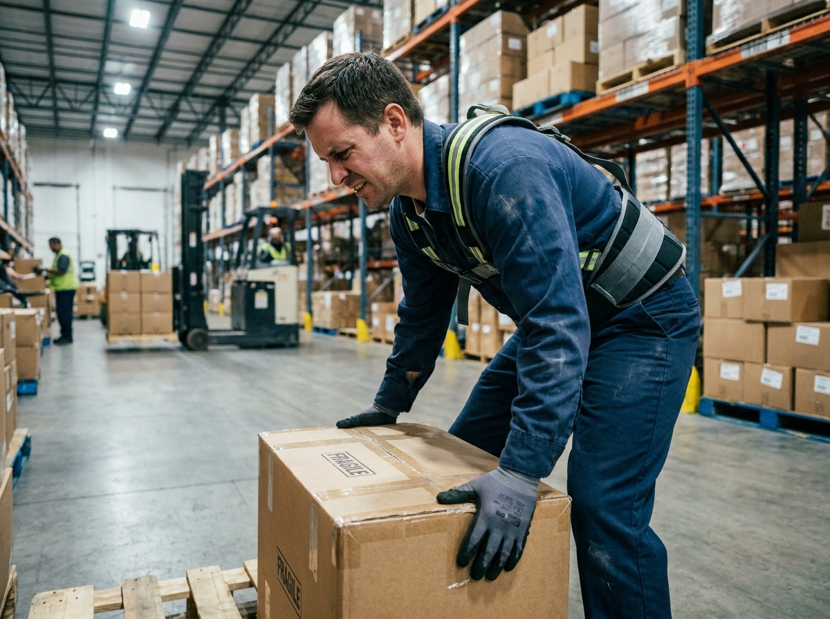 Ouvrier logistique portant un harnais de manutention ergonomique pour soulever des charges lourdes en entrepôt