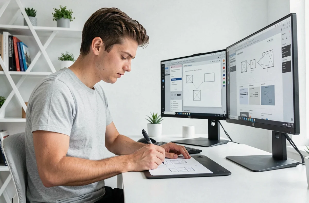 Designer UX de l'agence Hexium créant des maquettes de sites internet sur tablette graphique dans un studio moderne