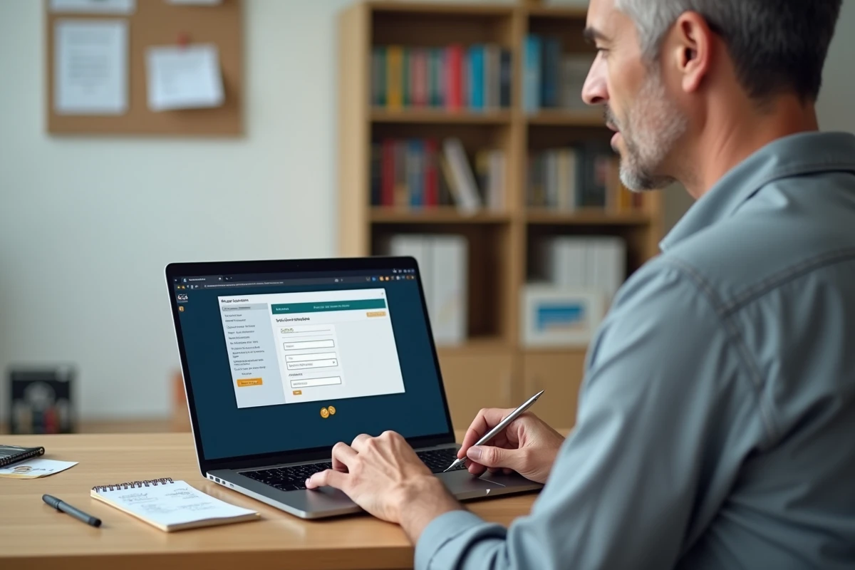 Homme activant son compte extranet GTM depuis un bureau à domicile en suivant un tutoriel pas à pas
