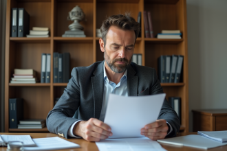 Homme d'affaires examine des documents dans un bureau moderne