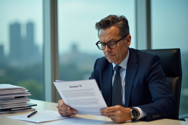 Homme d'affaires en costume noir examinant un document officiel