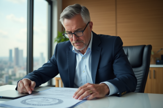 Homme d'affaires en costume bleu examinant des documents officiels