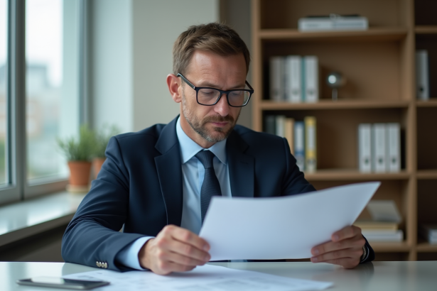 Homme d'affaires lisant un document dans un bureau moderne