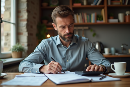 Homme d'affaires en cuisine lisant des papiers