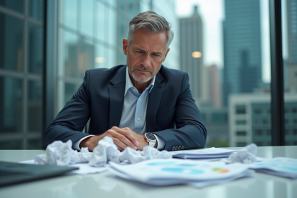 Homme d'affaires pensif avec papiers en bureau moderne