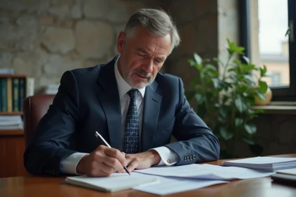 Homme d'affaires signant un document dans son bureau