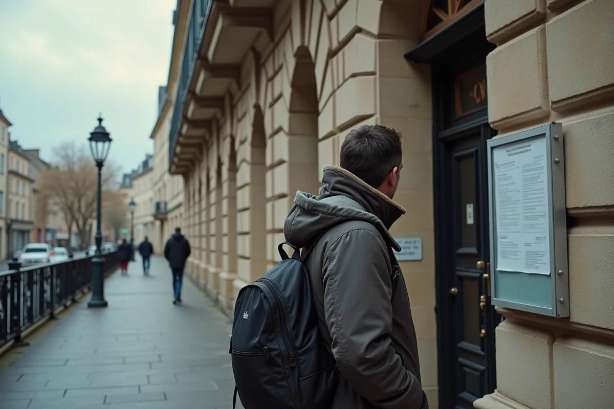 Homme lisant une affiche officielle sur le logement prioritaire devant l'entrée d'une mairie en France