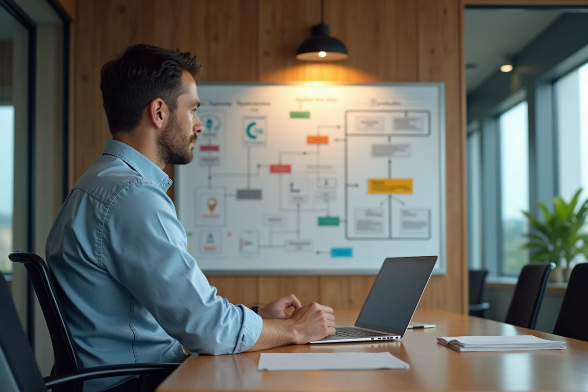 Homme en business casual analysant un flowchart en réunion
