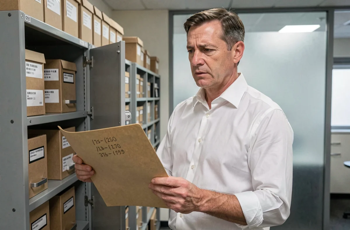 Homme consultant des archives professionnelles dans un bureau administratif pour prouver son ancienneté