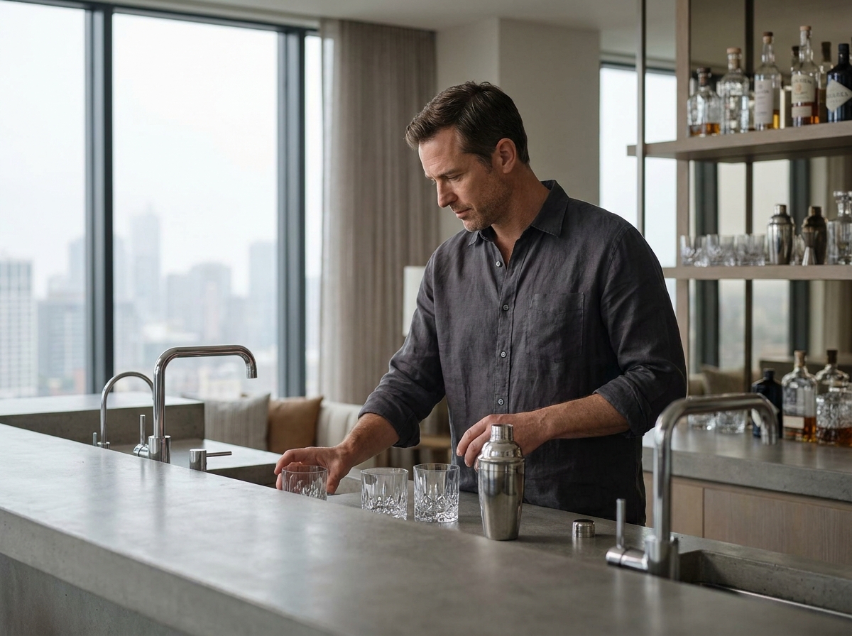 Homme arrangeant des verres à cocktail derrière un bar moderne en béton poli dans un appartement contemporain avec vue sur la ville