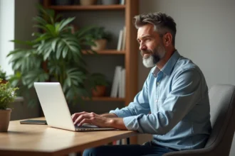 Homme d'âge moyen au bureau moderne pour article