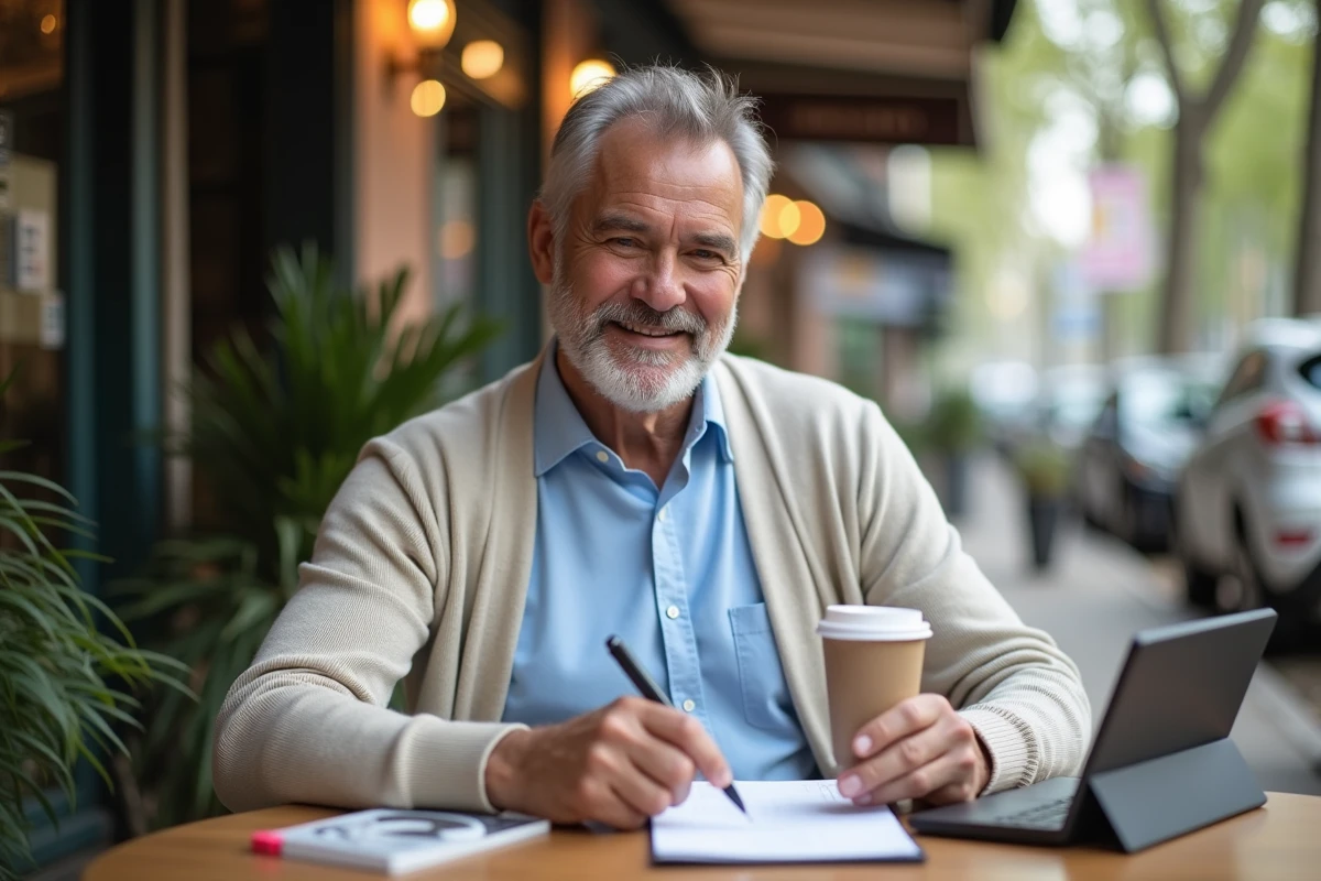 Homme en extérieur au café consultant ses notes