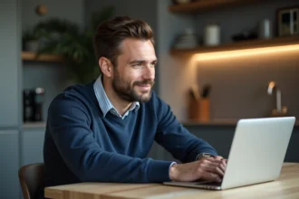 Homme décontracté regardant un site Stellantis sur son ordinateur