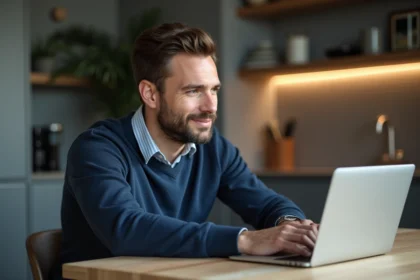 Homme décontracté regardant un site Stellantis sur son ordinateur