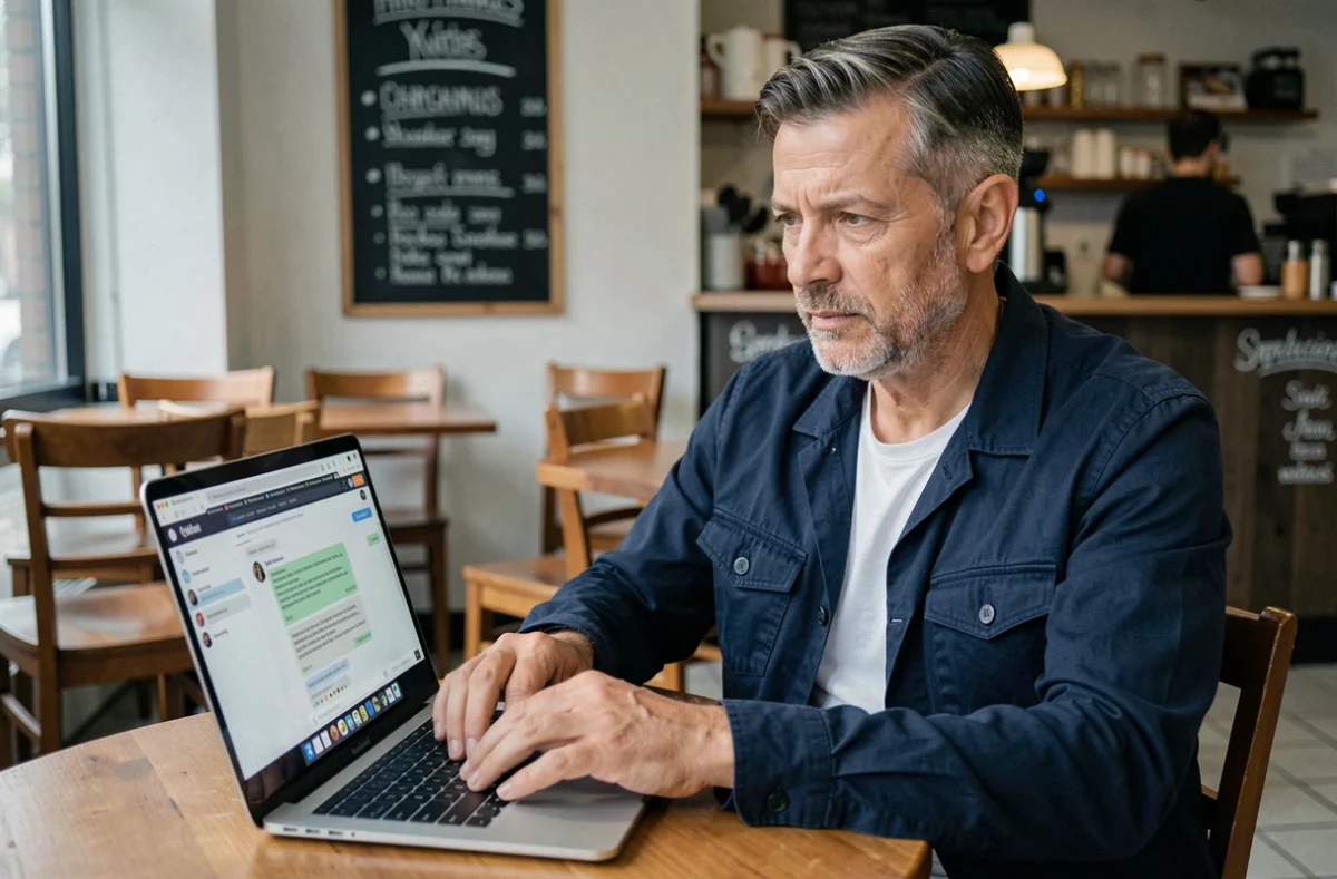 Homme utilisant le chat en ligne de Backmarket sur son ordinateur portable dans un café