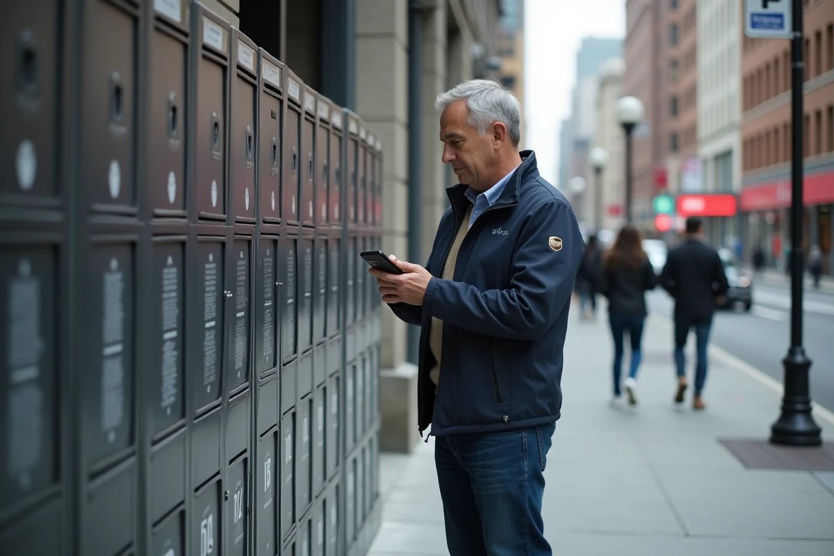 Homme utilisant une consigne automatique UPS en libre-service dans la rue