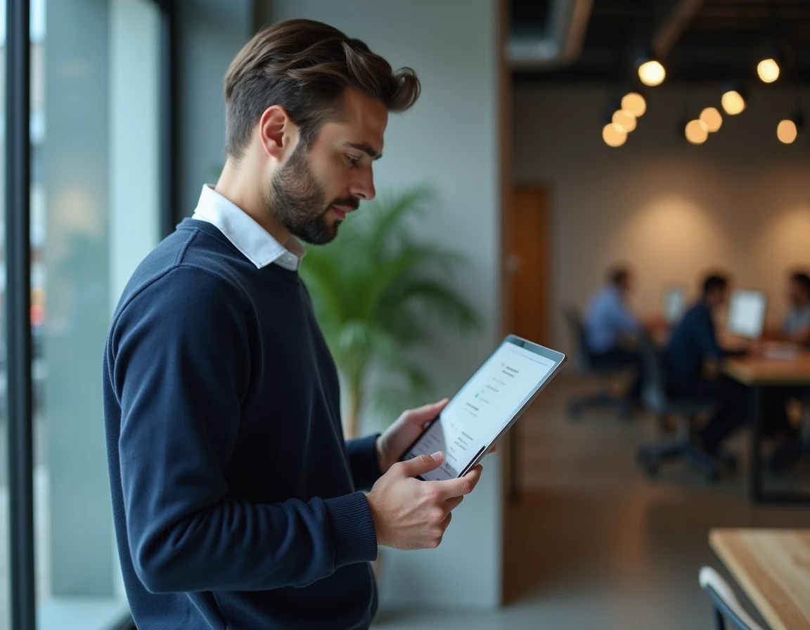 Homme en co-working consultant le logiciel de gestion Strator Neo sur tablette