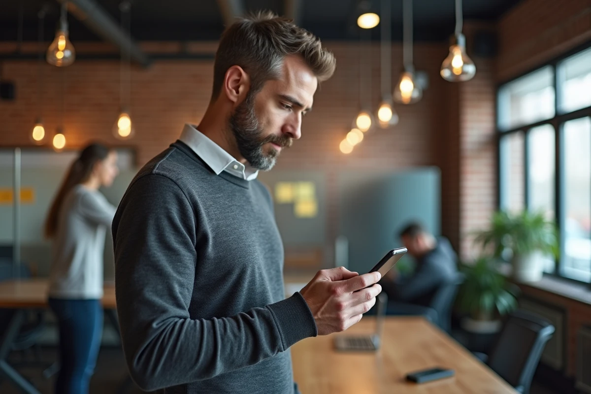 Homme en espace de coworking analysant un post LinkedIn avec texte en gras sur smartphone
