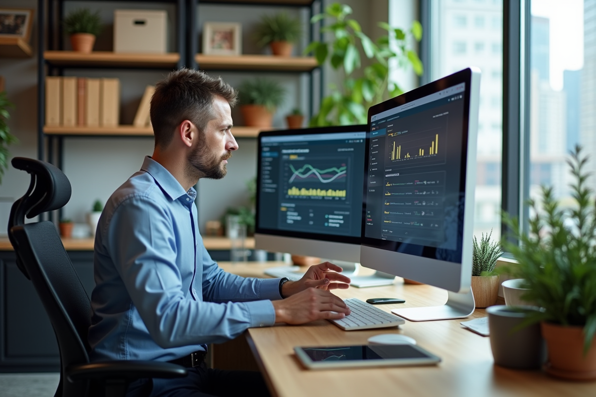 Homme CRM analysant profils clients sur double ecran
