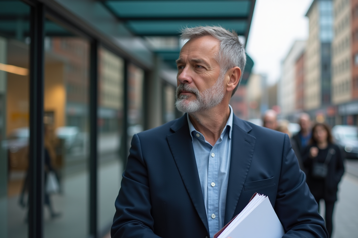 Homme debout devant une agence d