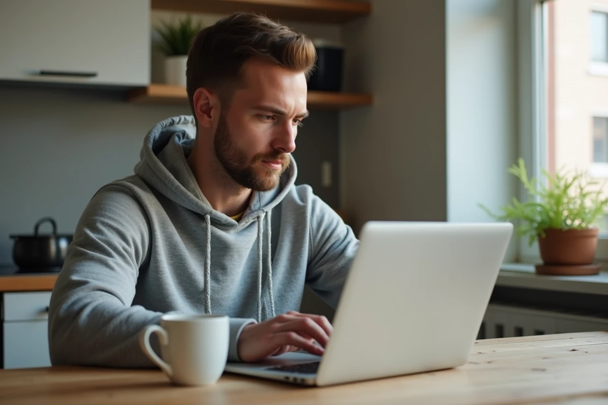 Homme entrepreneur travaillant depuis chez lui sur des démarches de financement pour lancer son activité sans capital