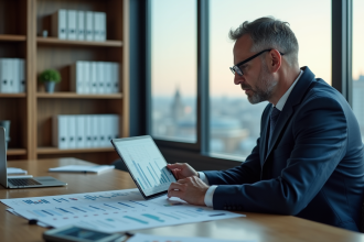 Homme d'affaires en costume analysant des graphiques financiers