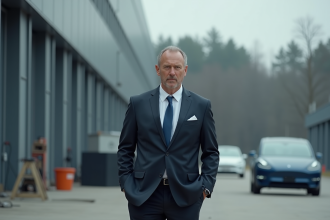 Homme d affaires devant une usine de voitures électriques