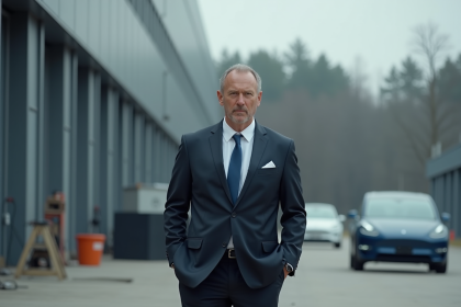 Homme d affaires devant une usine de voitures électriques
