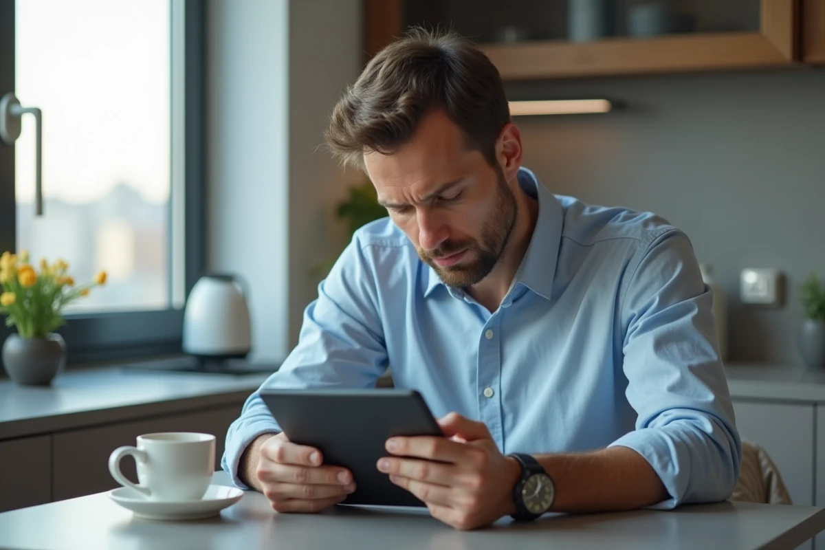 Homme envoyant un message de condoleances depuis sa cuisine