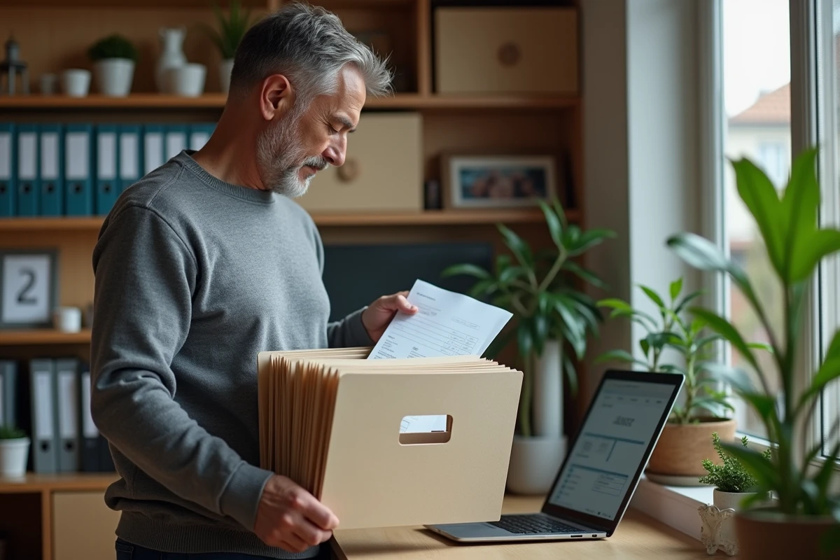 Homme récupérant une facture dans un classeur organisé