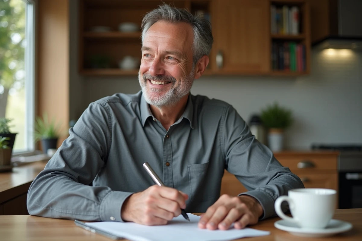 Homme écrivant une lettre dans une cuisine lumineuse