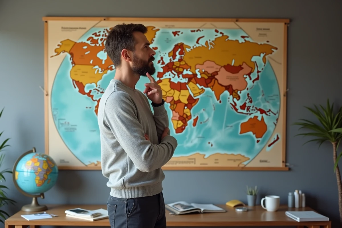 Homme en pleine réflexion devant une carte du monde dans un bureau à domicile, illustrant une reconversion professionnelle à l'international