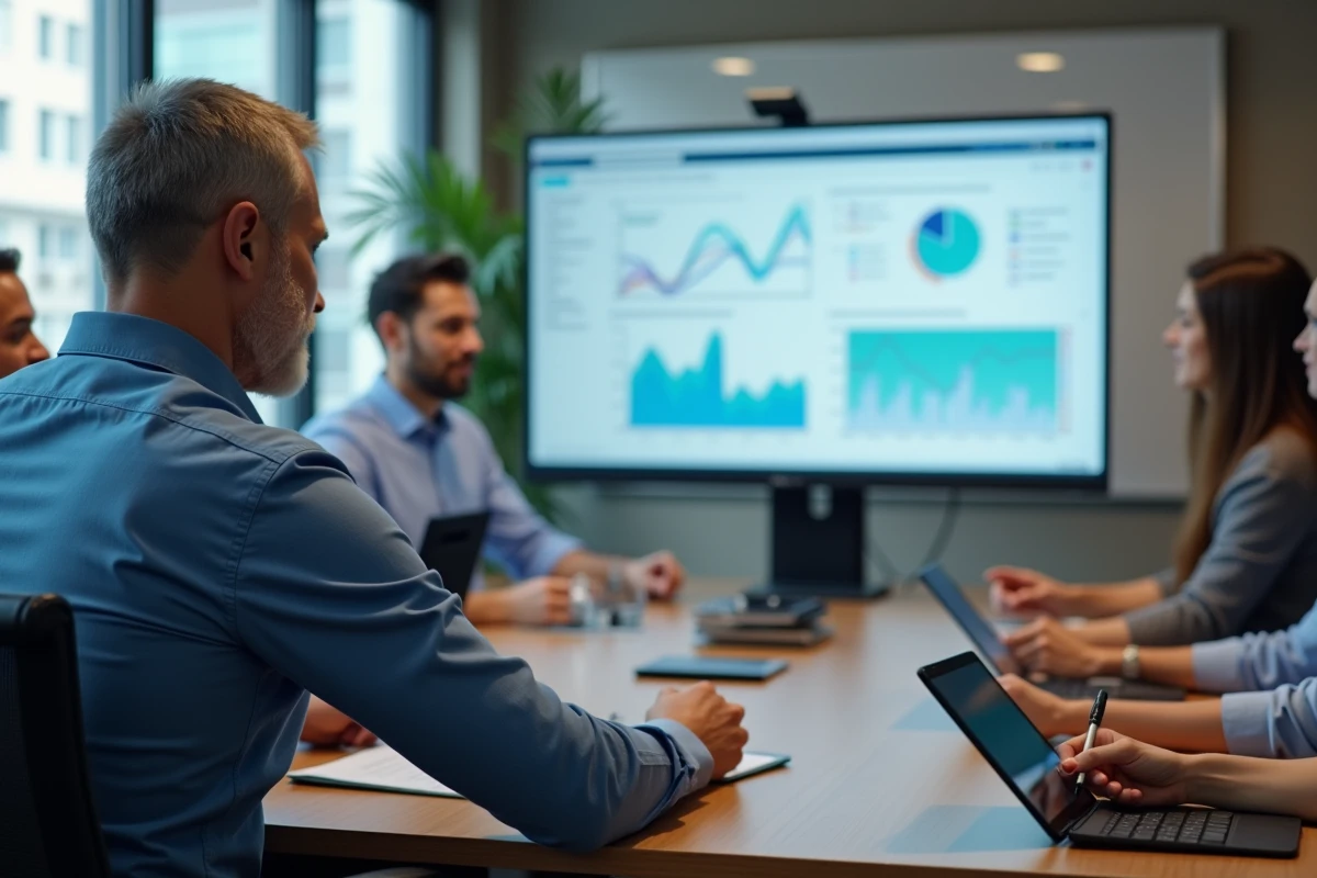 Homme d affaires supervisant un tableau de bord ERP