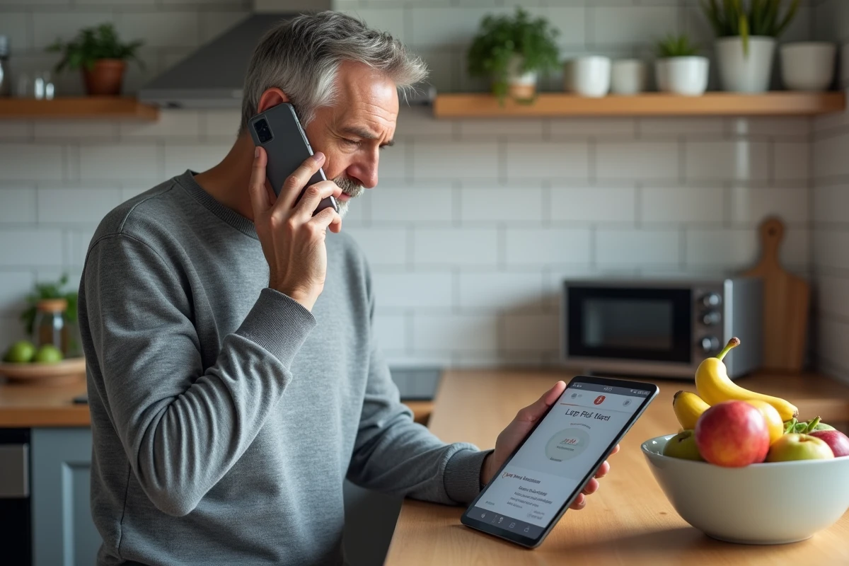 Homme consultant sa tablette affichant un suivi de colis UPS tout en appelant le support téléphonique
