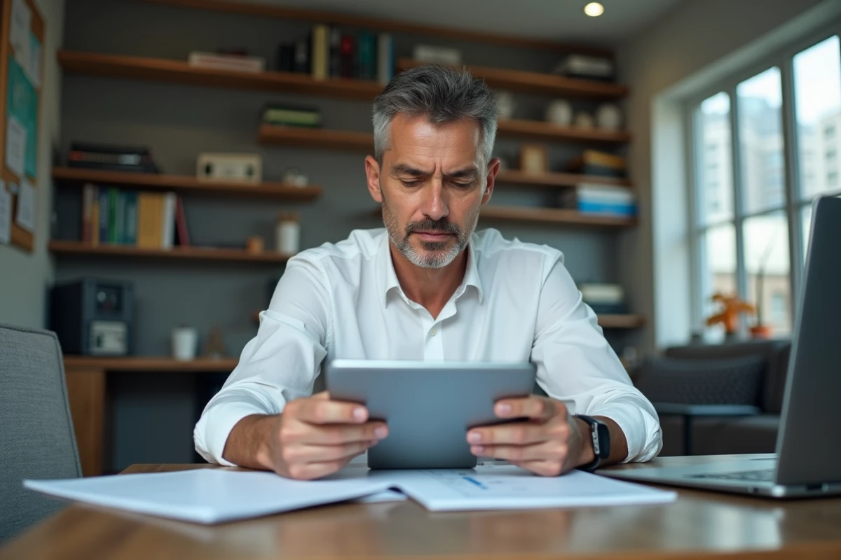 Homme analysant des données sur son bureau