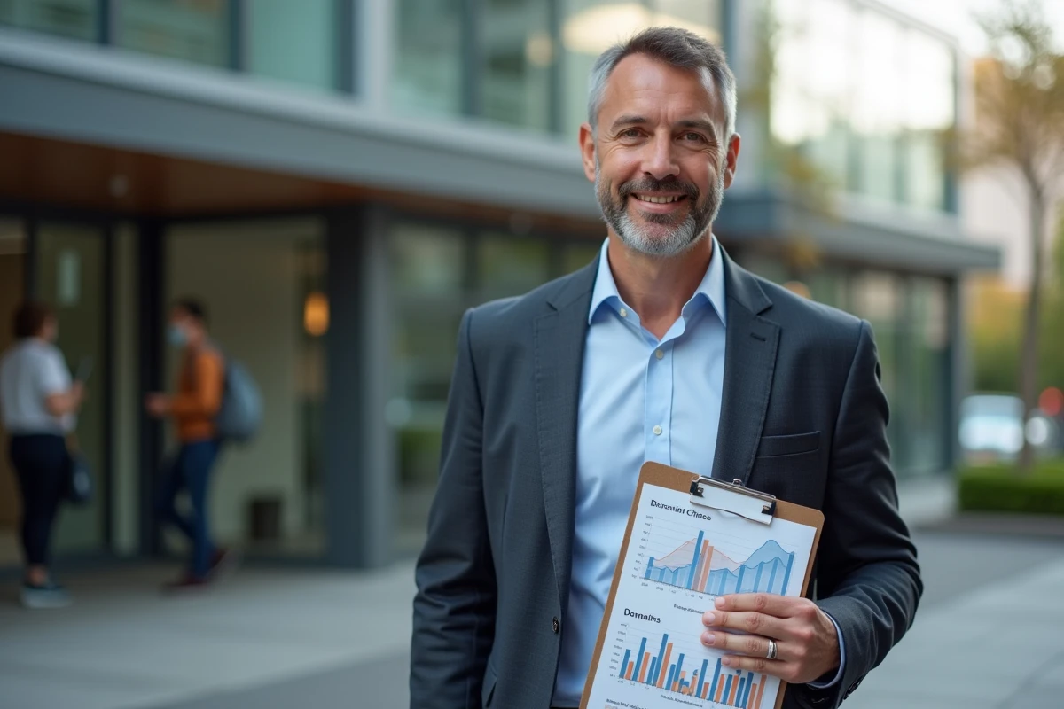 Homme d affaires dehors avec un building moderne en arrière-plan
