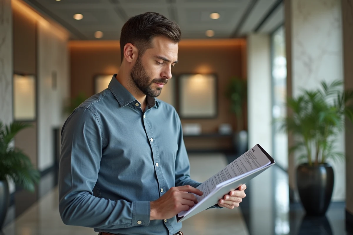 Homme vérifiant une checklist sur une tablette dans un lobby moderne