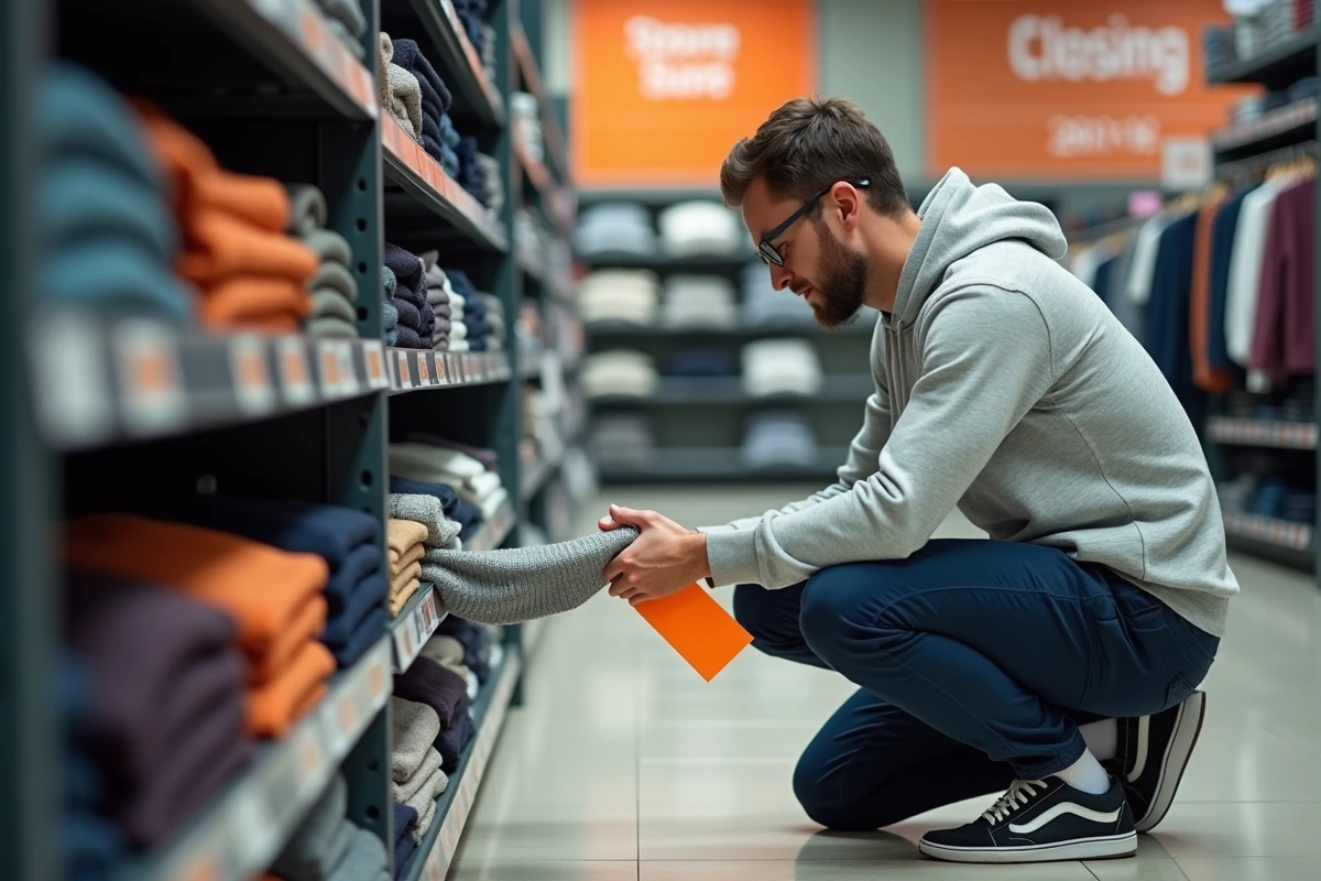 Homme examinant des vêtements soldés dans un magasin en fermeture avec des étiquettes de réduction visibles